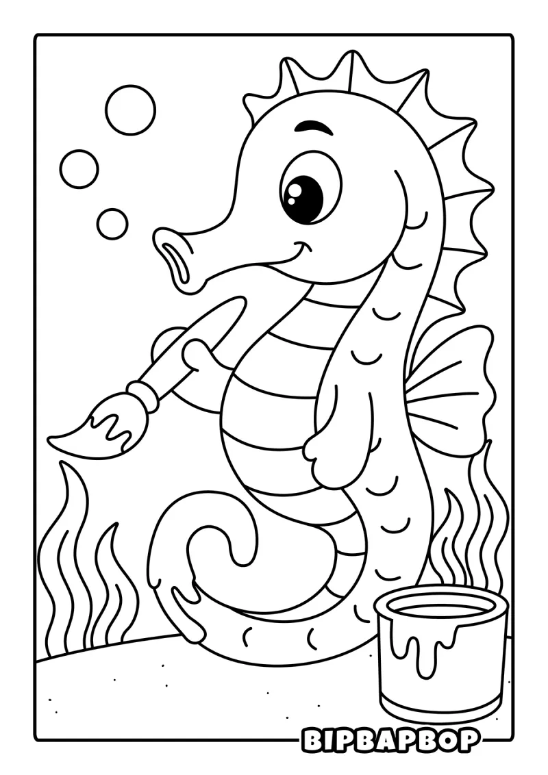 A sea horse artist with a paintbrush