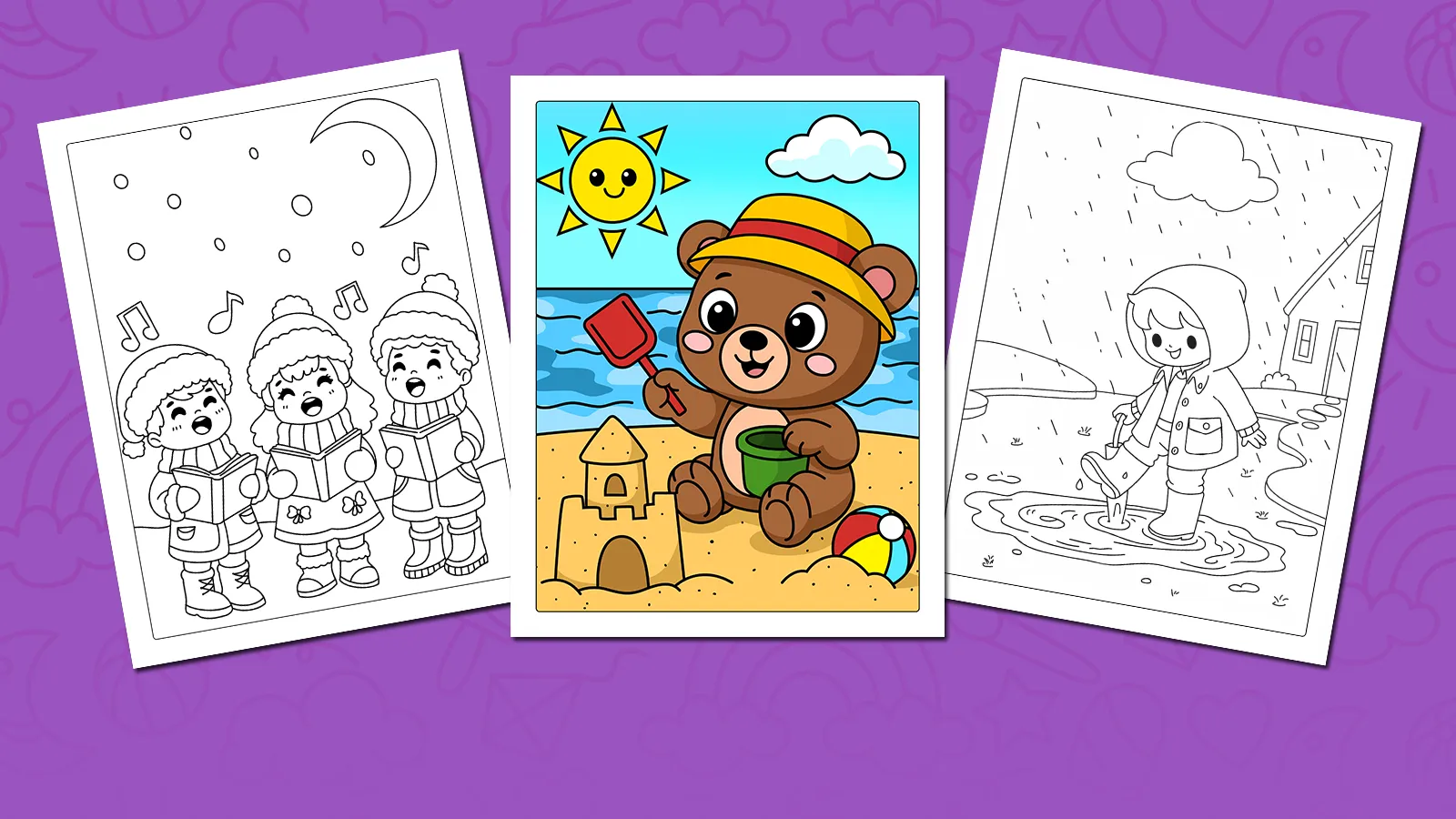 Season coloring pages — summer, winter, spring and fall