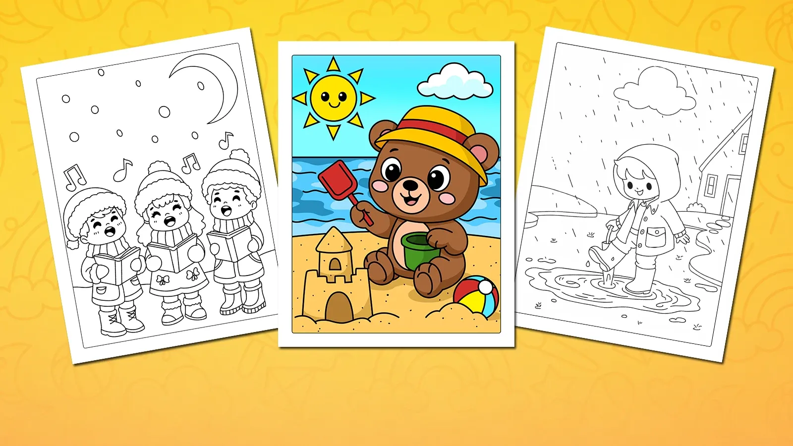 Season coloring pages — summer, winter, spring and fall