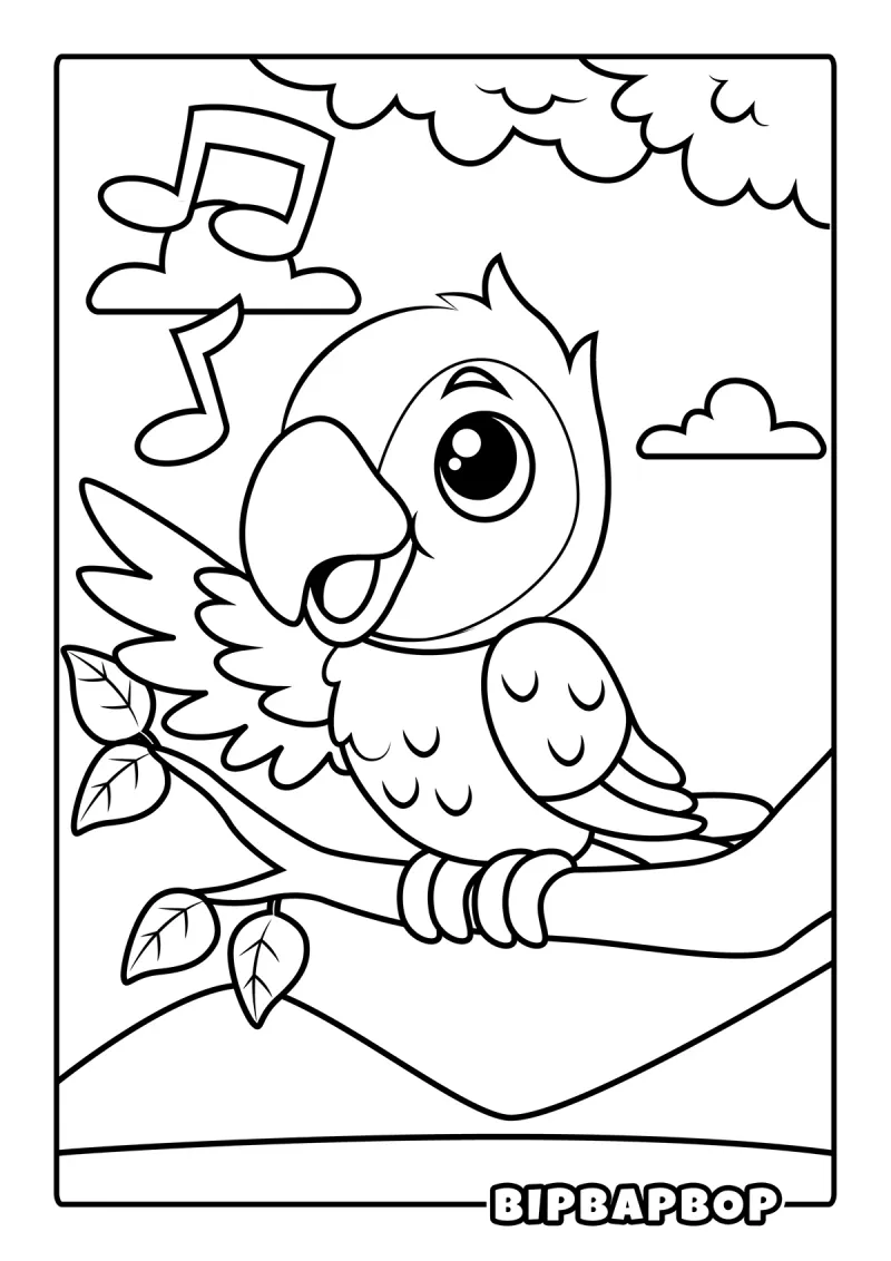 A baby parrot singing in a tree