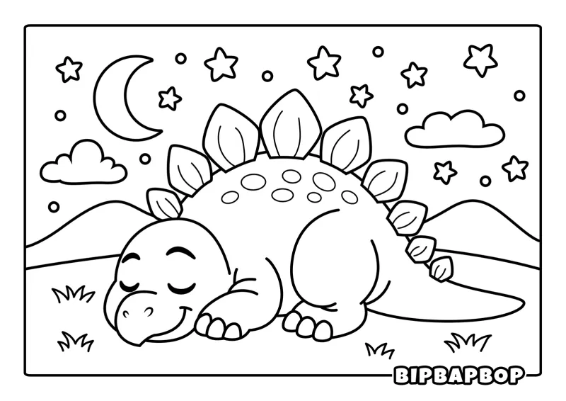A baby Stegosaurus sleeping under the stars