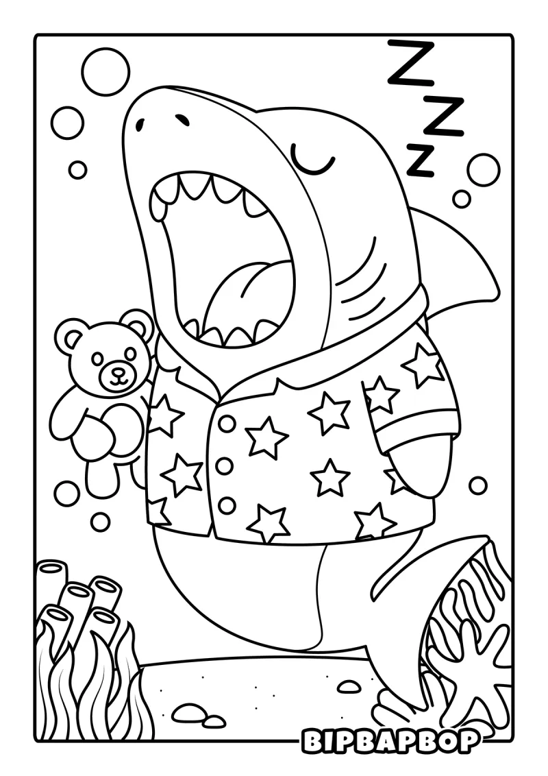A sleepy shark in his pajamas holding a teddy bear