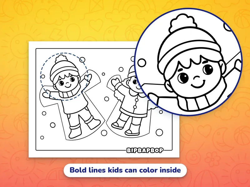 A close up of a kid lying on the ground making a snow angel demonstrating the bold designs which help kids color inside the lines