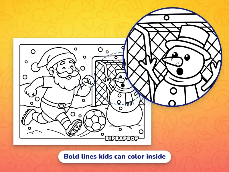 A close up of Santa playing soccer with a snowman in goal, demonstrating the bold lines that kids can color inside