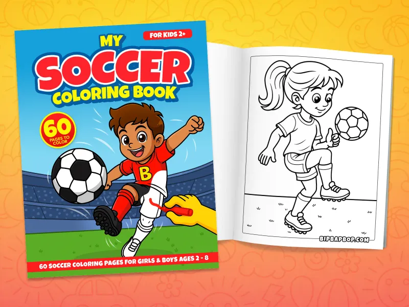 Soccer coloring book front cover showing a boy striking a soccer ball towards goal and an internal page with a girl juggling a soccer ball