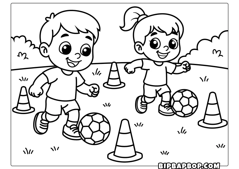 A girl and a boy practicing dribbling soccer balls around traffic cones