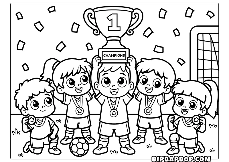 A soccer team holding World Cup champions trophies