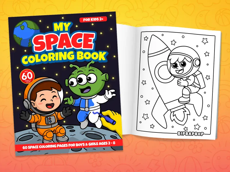 Space coloring book front cover showing an astronaut and a green alien and an internal page with an astronaut riding a rocket