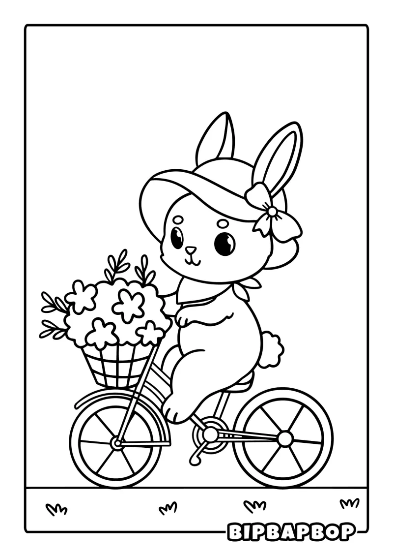 A spring bunny riding a bicycle with a basket full of flowers