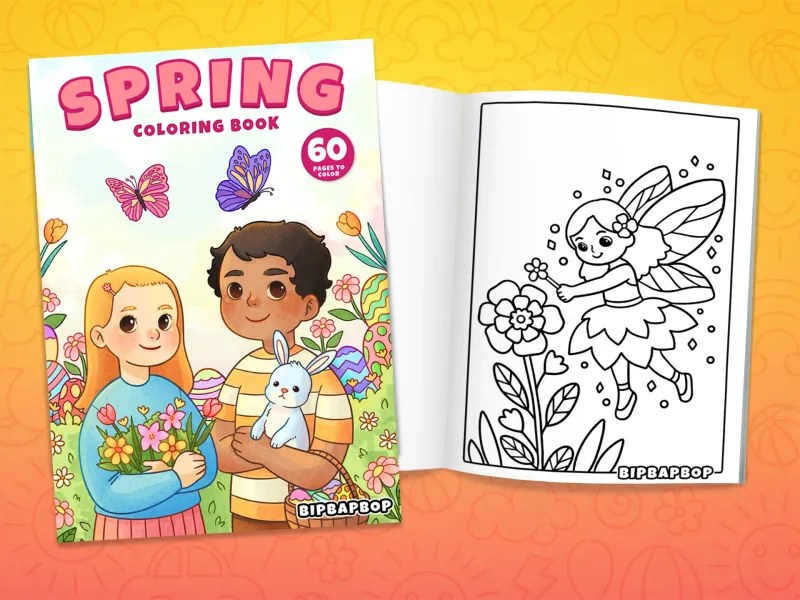 Spring coloring book front cover showing kids with flowers, bunnies, eggs and butterflies and an internal page with a fairy waving a flower wand