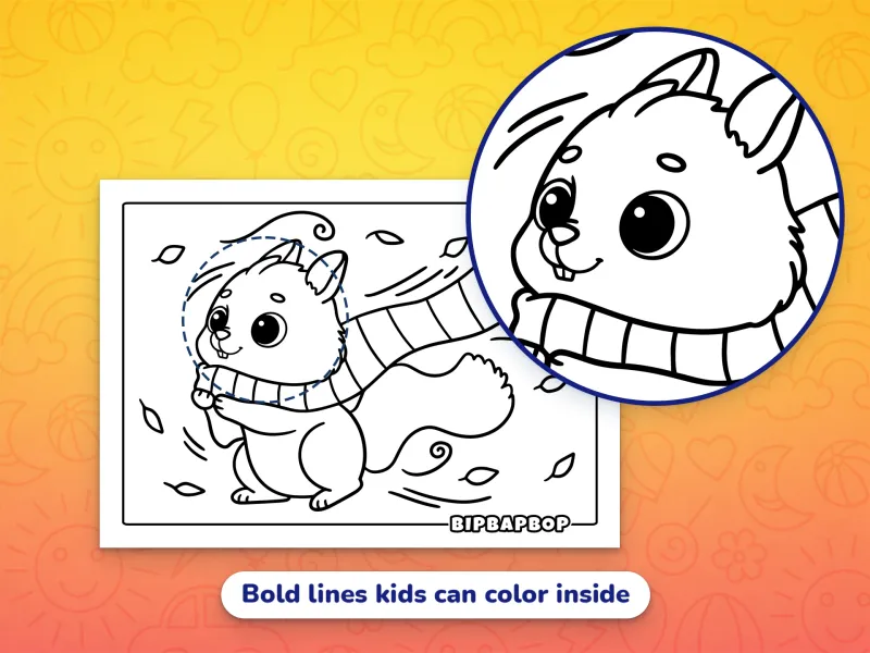 A close up of a squirrel in a scarf demonstrating the bold designs which help kids color inside the lines