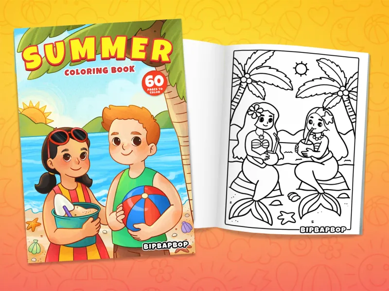 Summer coloring book front cover showing kids on the beach with a bucket, a spade and a beachball