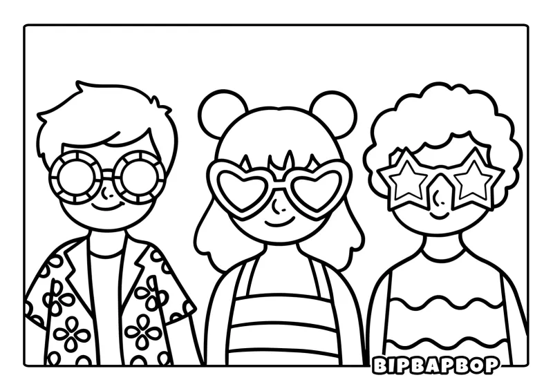 Three kids wearing sunglasses with funny shapes