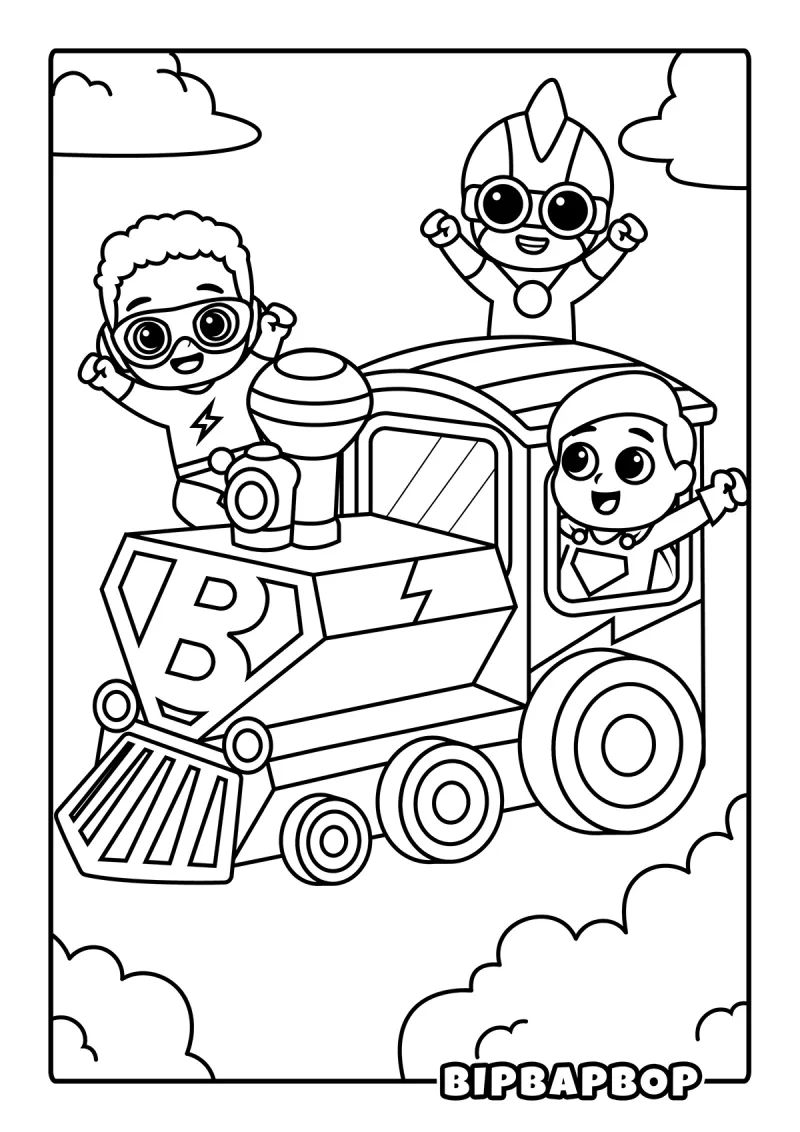 A superhero train flying through the sky with a team of superheroes in capes