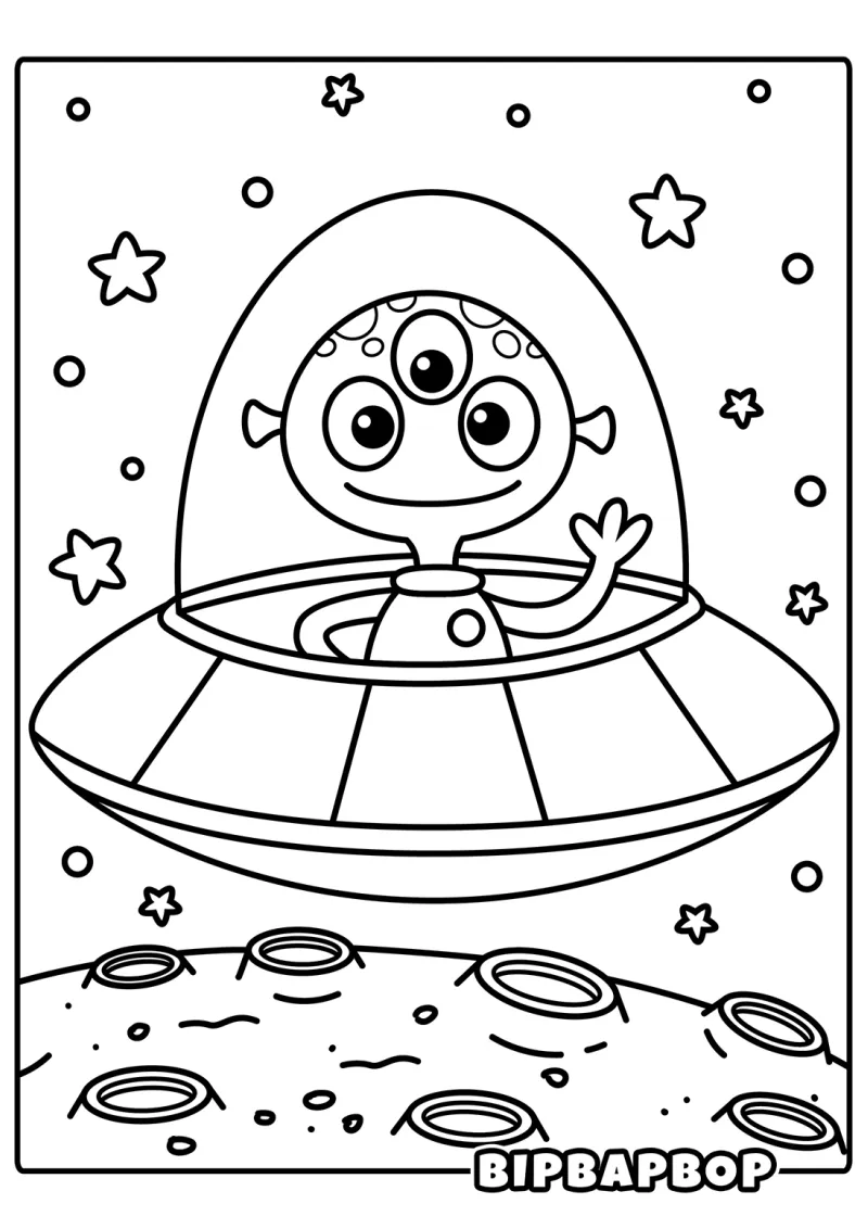 A three-eyed alien flying a UFO