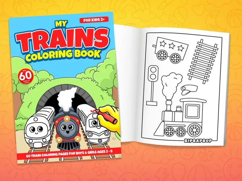 Train coloring book front cover showing steam trains coming out of a tunnel and an internal page with a train, tracks and signal lights