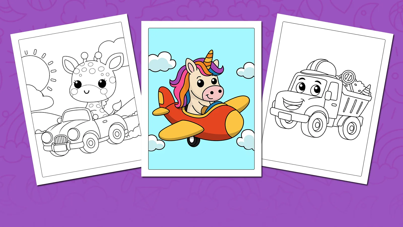 Transport coloring pages — trucks, trains and planes