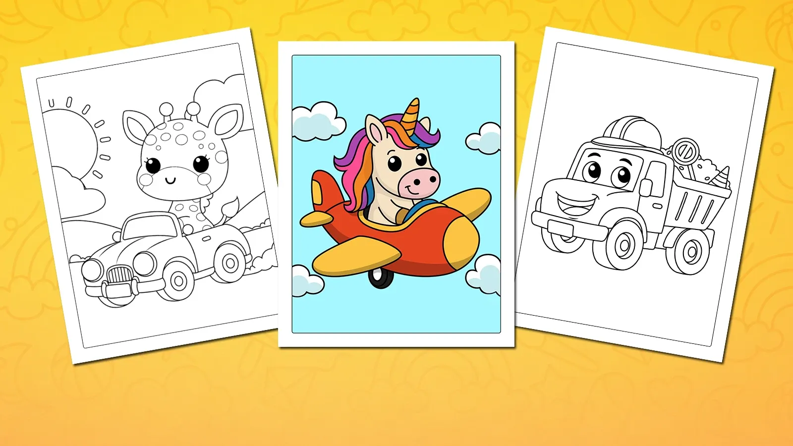 Transport coloring pages — trucks, trains and planes