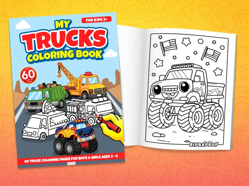 Truck coloring book front cover showing monster, pizza, fire, garbage and tow trucks and an internal page with a monster truck with flags and stars