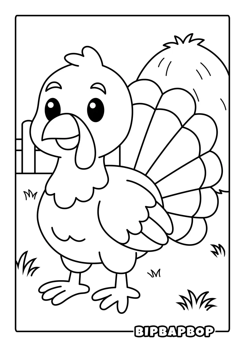 A turkey standing in front of a haystack