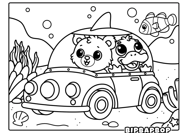 An underwater submarine car driven by a bear and a duck