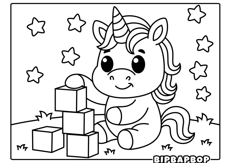 A unicorn playing with building blocks
