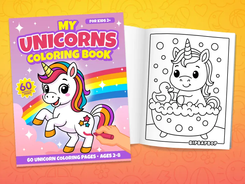 Unicorn coloring book front cover showing a princess unicorn and an internal page with a unicorn in a bubble bath