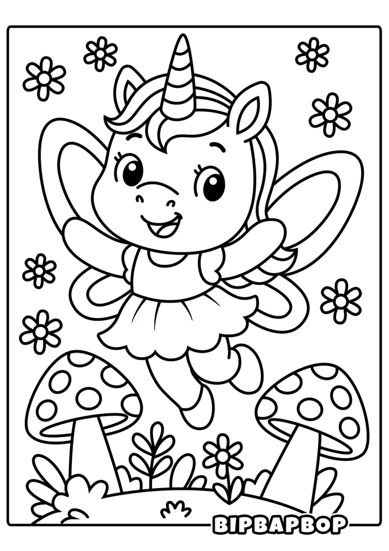 A unicorn fairy flying over mushrooms