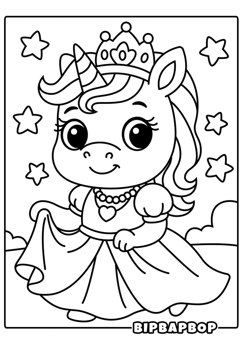 A unicorn princess in a ballgown wearing a tiara