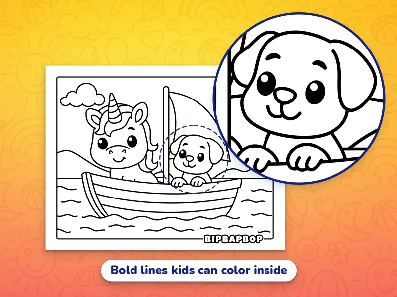 A close up of a unicorn and a puppy in a boat demonstrating the bold lines that kids can color inside