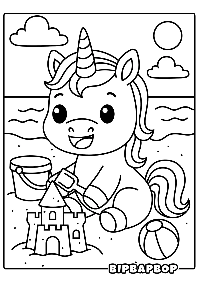 A unicorn making a sandcastle at the beach