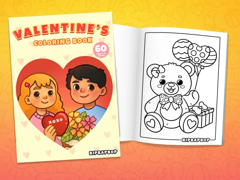 Valentines coloring book front cover showing kids holding valentines gifts