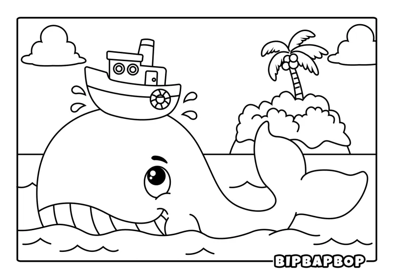 A huge whale swimming in the sea with a boat on its head