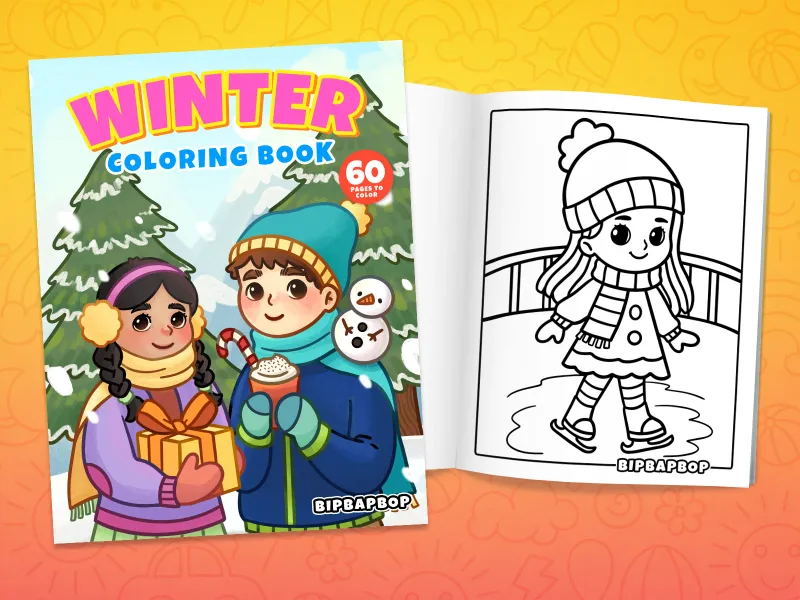 Winter coloring book front cover showing kids wrapped up in scarves carrying presents and warm drinks