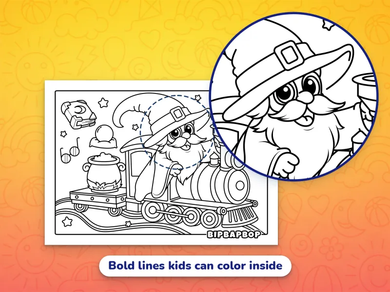 A close up of a wizard driving a magic train demonstrating the bold designs which help kids color inside the lines