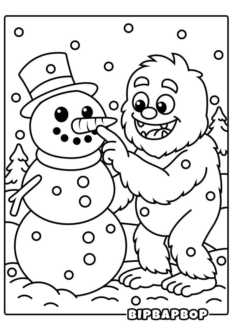 A yeti making a snowman