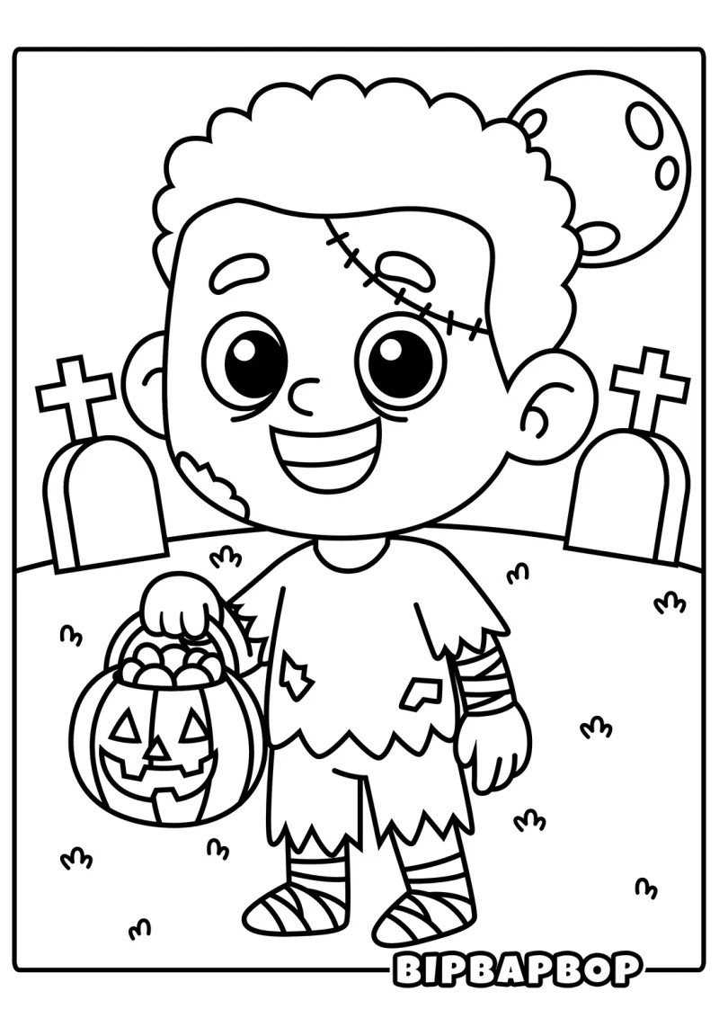 A boy dressed as a zombie carrying Halloween treats