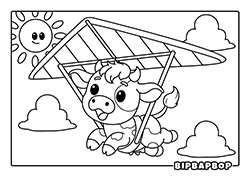 Cute cow riding a glider in the sky