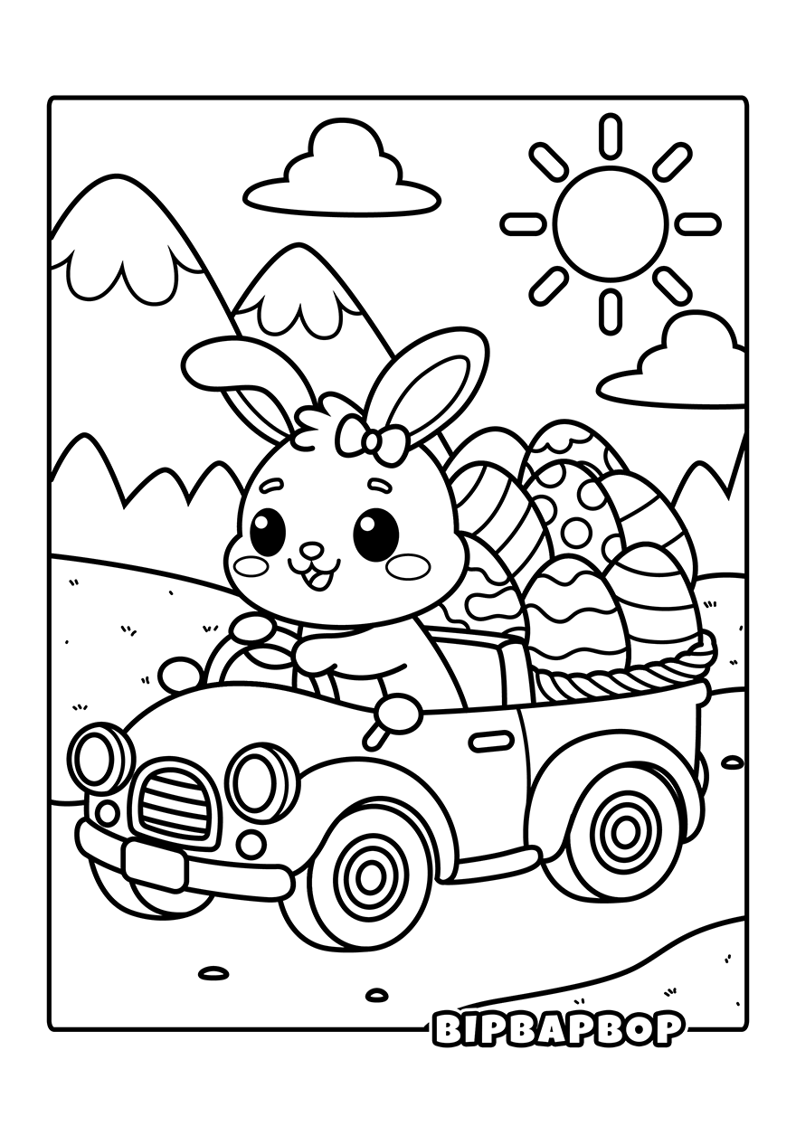 Cute bunny driving a car with eggs at the back
