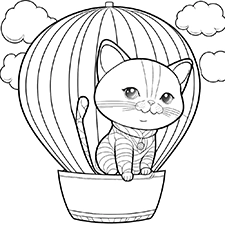 A free PDF format cat coloring page showing a cat in a hot air balloon