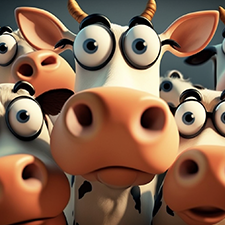 Cows For Kids - A close up cartoon showing the faces of a group of serious looking cows