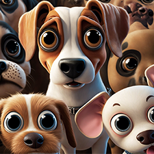 Dogs For Kids - A close up cartoon showing the faces of a group of cute dogs with big eyes.