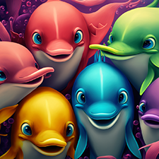 Dolphins For Kids - A close up cartoon showing the faces of a group of colorful, happy dolphins