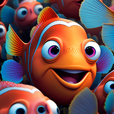 Fish For Kids - A close up cartoon showing the faces of a group of smiling happy orange fish