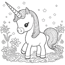 Flowers, Stars & A Unicorn PDF Coloring Page