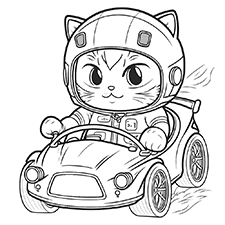Free racing car driver cat coloring page PDF