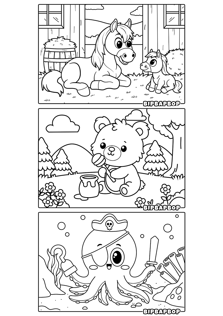 a mother and baby horse, a baby bear eating a honey and a pirate octopus