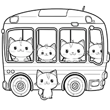 Cat coloring page showing a group of kawaii cats on a school bus