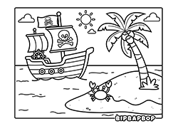 a small island with a pirate ship in the background