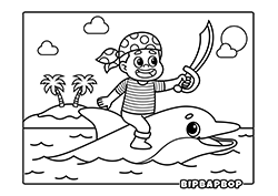a pirate boy riding a dolphin while holding a sword